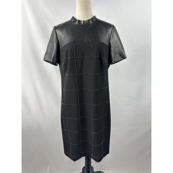 Akris Punto Mock Neck Knee Length Dress Black 12 Studded Faux Leather Pockets - Picture 2 of 10